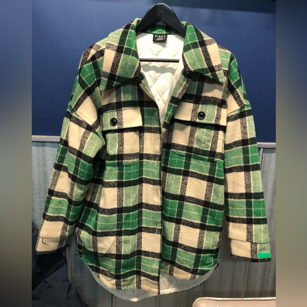 Birdz green and cream plaid overshirt, size M
